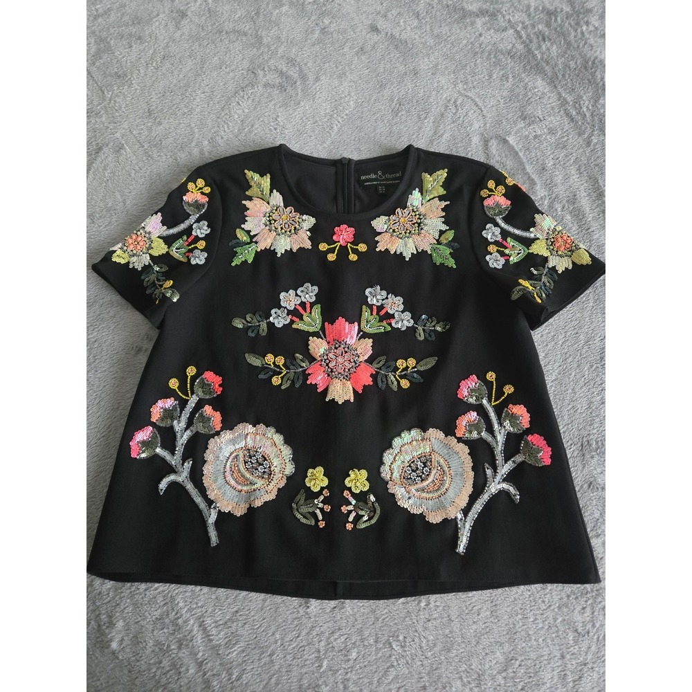 Needle & Thread Women's Short-sleeve Embroidered and Sequined Floral Top Size 6